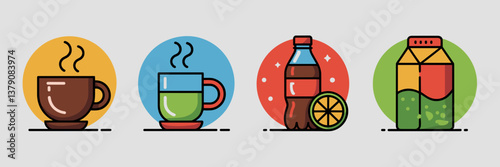 Colorful flat design icon set of coffee cup, tea mug, soda bottle, and juice carton