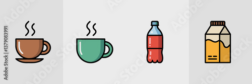 Minimalist icon set featuring coffee cup, tea mug, soda bottle, and juice carton