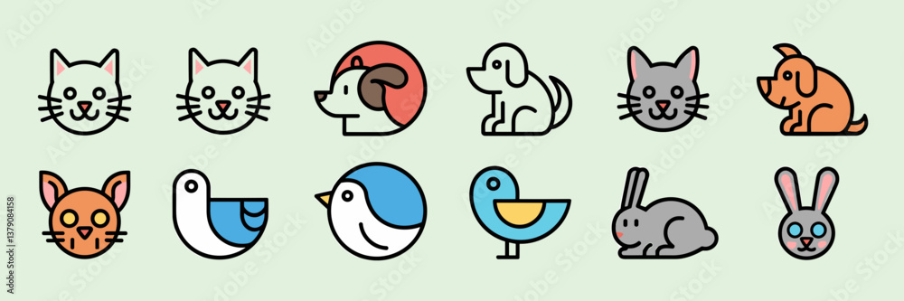 Fototapeta premium Minimalist vector animal icon set featuring cats, dogs, birds, and rabbits in outline style
