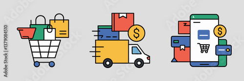 E-commerce and online shopping icons with carts, delivery trucks, and mobile payments