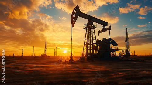 Crude oil, global crisis, drilling derricks, fossil fuels, gasoline concept, international war on oil prices worldwide, pump rig, pumpjack, oil and gas production, oilfield site