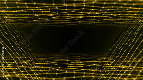 Style network connection pattern on the dark background with points and lines. Digital futuristic portal backdrop. Big data visualization. 3D rendering.