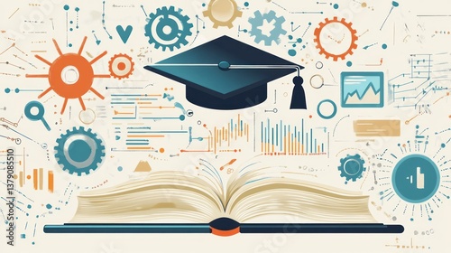 Open book with graduation cap, data visualization background, education concept, knowledge