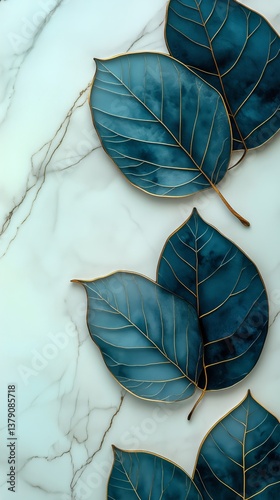Vibrant Blue Leaf Decorations on a Marble Surface Create a Stunning Artistic ...