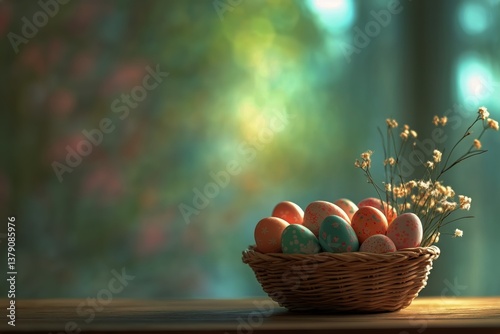 Colorful Easter Eggs in a Woven Basket With Spring Flowers in Soft Sunlight