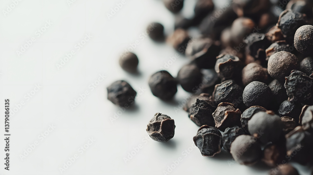 Obraz premium A close-up view of whole cubeb peppercorns in dark gray, gathered in a small group on a clean white background, emphasizing their rough surface and distinct appearance.