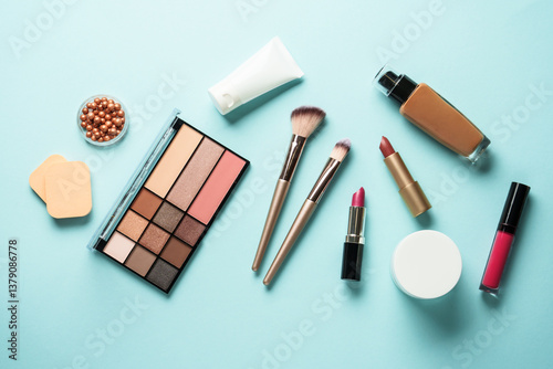 Beauty products on blue background.