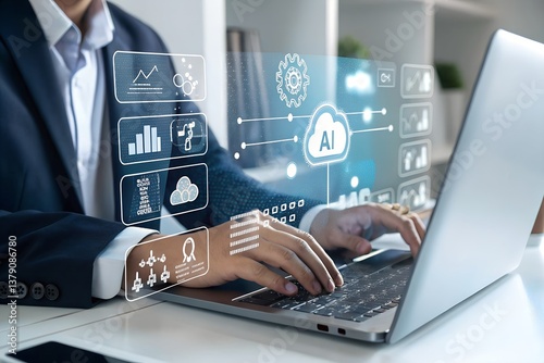 Businessman use artificial intelligence AI technology for enhanced work efficiency data analysis and efficient tools, Unlocking work potential with AI solutions chatbot help solve work problems. photo