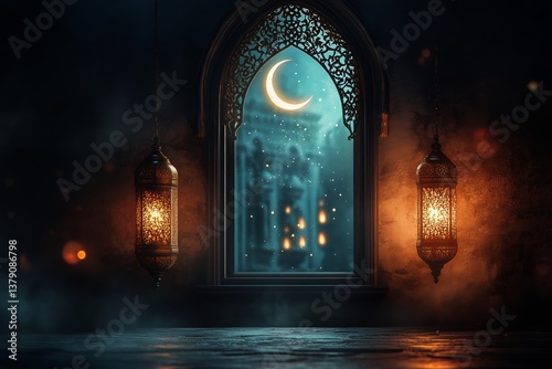 Magic of Twilight in a Mystical Setting With Lanterns and Crescent Moon
