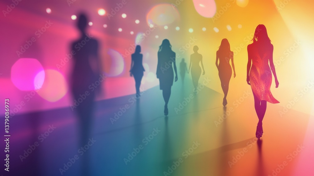 Fototapeta premium Colorful abstract background features silhouettes of fashion models walking down the runway in a vibrant setting with smooth gradients