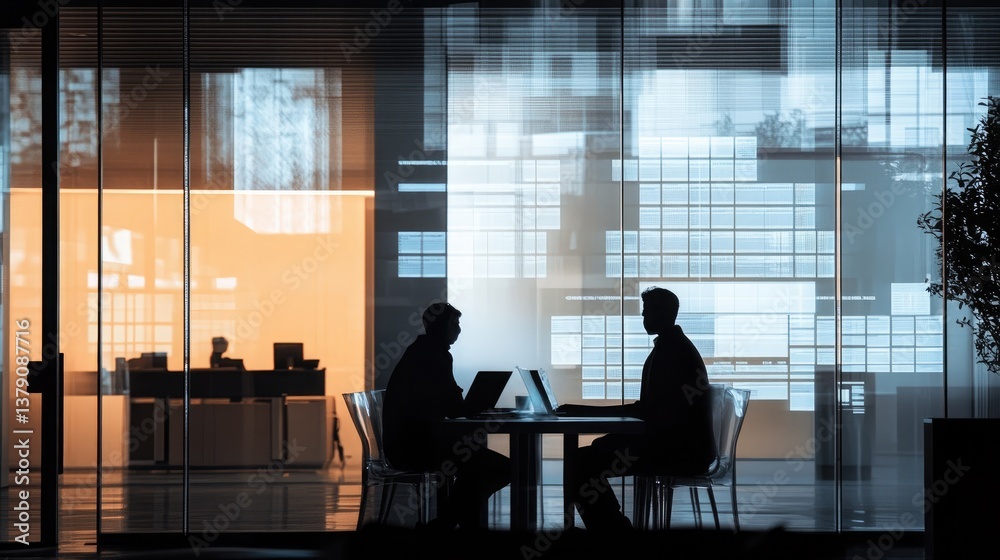 Silhouette of translucent layered business screens showcasing overlapping financial growth data structures under soft Silhouette of translucent layered business screens showcasing overlapping financial growth data structures under soft