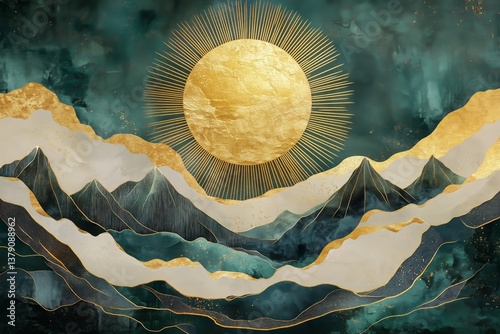 Golden Sun Over Abstract Mountains With Teal and Gold Textures in a Modern Ar...