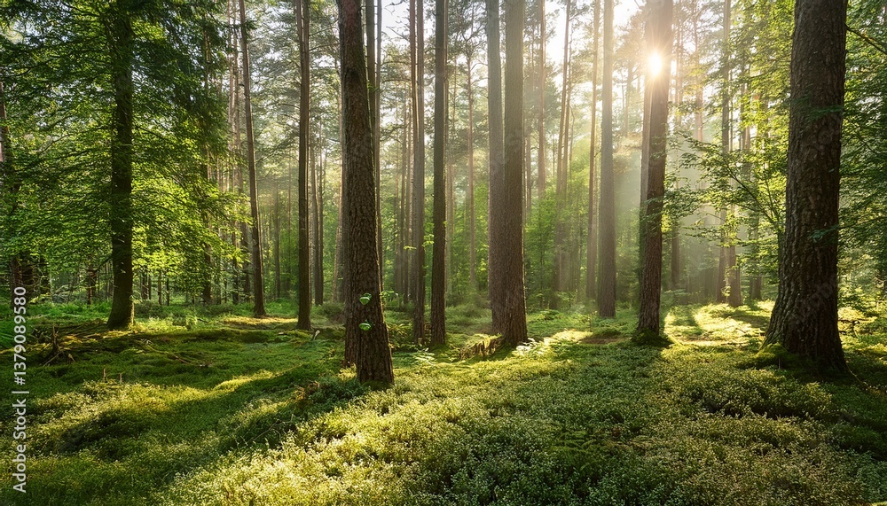 Fototapeta premium beautiful sunny morning in green forest