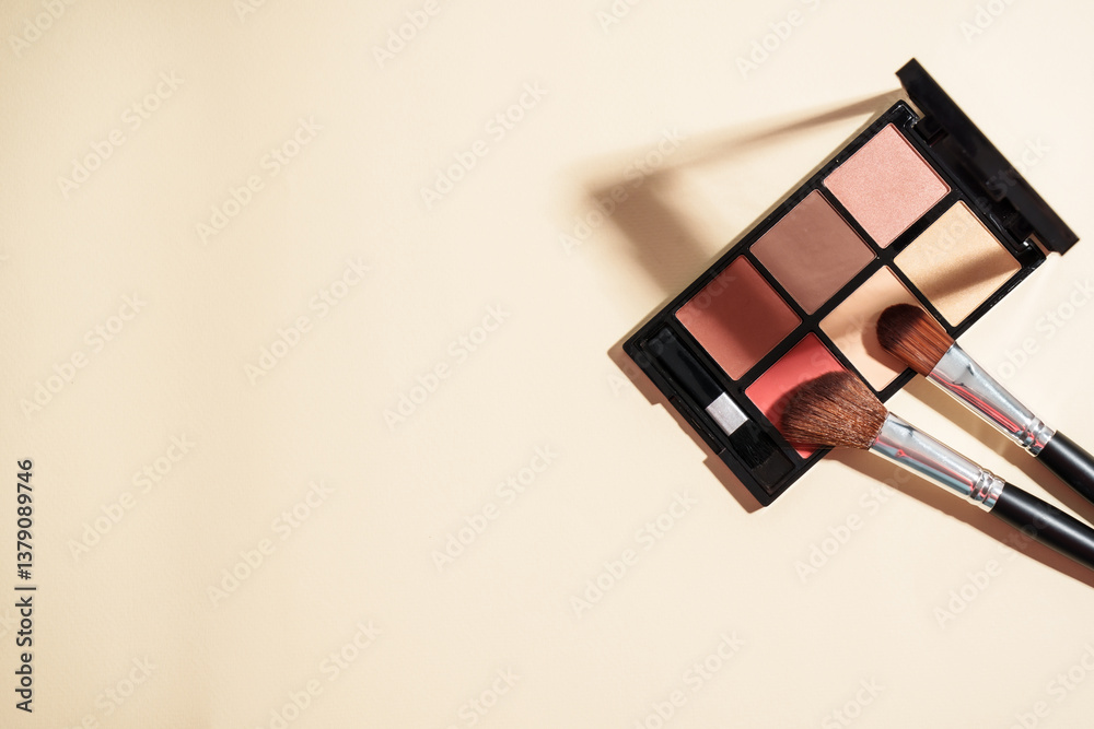Make up palette and cosmetic brushes at pastel background with hard shadows.