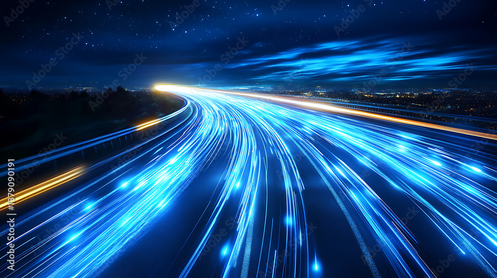 Abstract road with blue light trails, data transfer speed and digitization concept Abstract road with blue light trails, data transfer speed and digitization concept