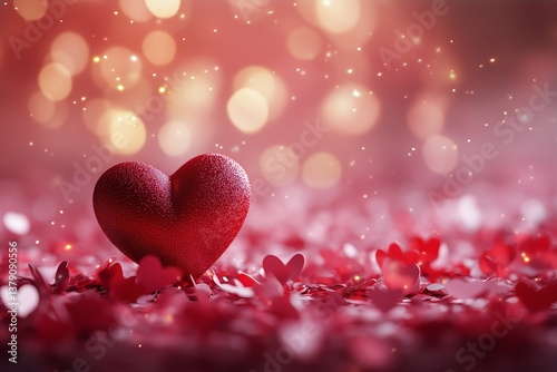 Heart Decoration Surrounded by Red Glitter Hearts in a Romantic Atmosphere Wi...