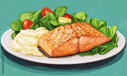 Salmon fillet with mashed potatoes and fresh salad on white plate