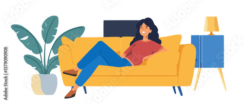 Smiling Woman Watching TV on a Comfortable Sofa