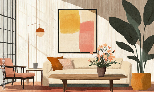 Stylish living room with a soft sofa, a wooden table, comfortable chairs, a large flower in a pot, and an abstract poster on the wall, hygge style