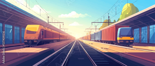 The freight train passes by the station Wagons with goods delivery. Creative Banner. Copyspace image