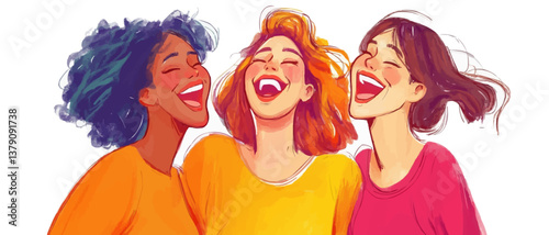 Three women are laughing together, standing closely. Concept of friendship and joy. For lifestyle blogs or social connection themes.