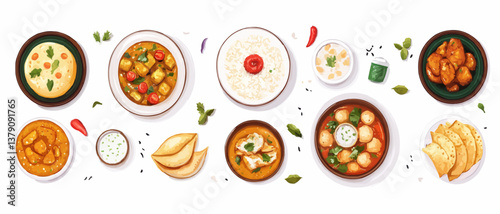 Top view collection of Indian foods isolated on a white background, including momos, butter chicken curry and rice, samosas, and pani puri