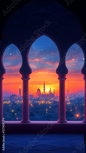 Sunset View Over a City Skyline Through an Ancient Window Frame at Golden Hour