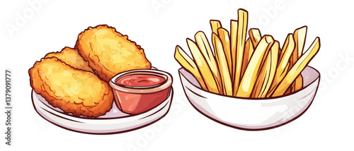 Traditional English cuisine - Fish and Chips. Breaded fish fillets and crispy French fries accompanied by ketchup and homemade tartar sauce.