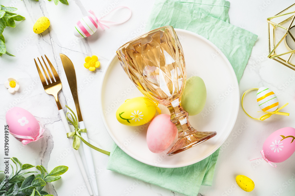 Easter food or table setting on white background.