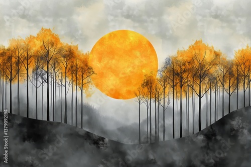 Sunset Glow in a Dark Forest With Winter Snow Covering the Ground