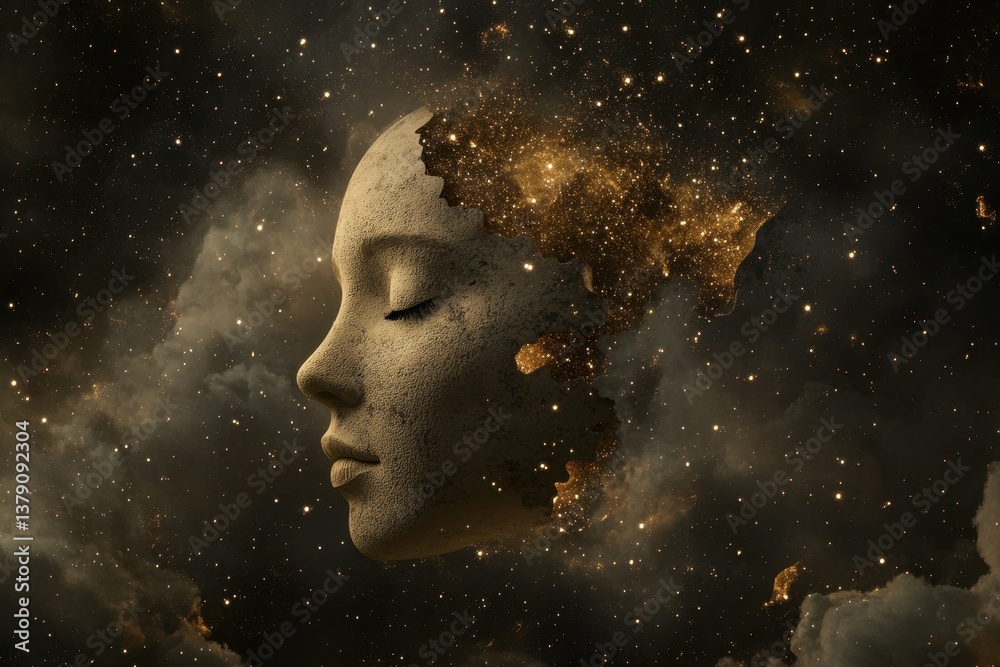 A womans head suspended in a dark vast space with stars in the background Imagining the infinite possibilities of the mind through algorithmic art . A womans head suspended in a dark vast space with stars in the background Imagining the infinite possibilities of the mind through algorithmic art .