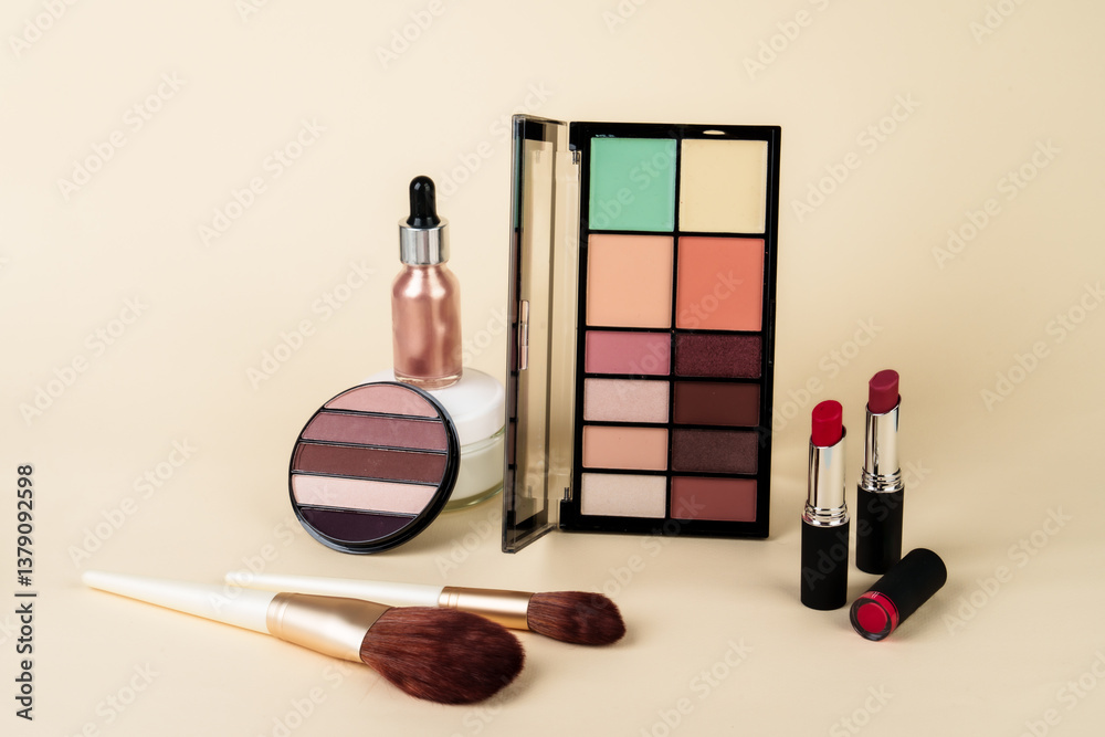 Makeup products on colored background.