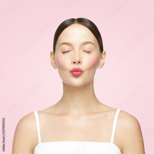 Young woman with sleek hair bun, wearing a white tank top,  blush and lipstick, making a pouty lips expression on soft pink background. Fresh spring makeup look