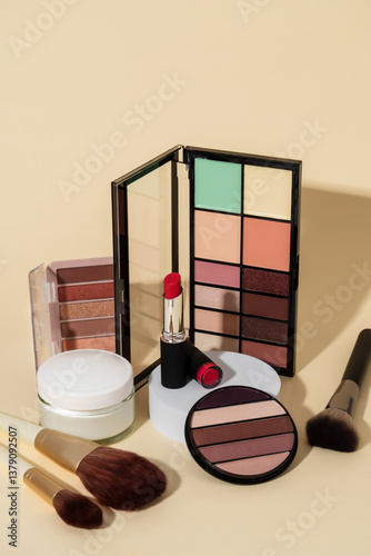 Makeup products on colored background.