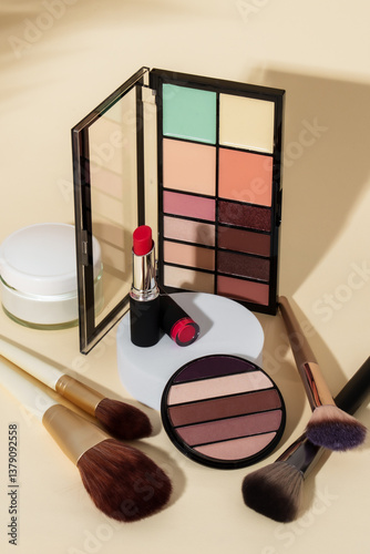 Makeup products on colored background.