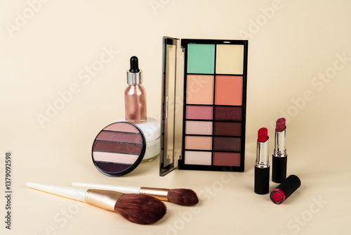 Obraz na płótnie Makeup products on colored background. w salonie