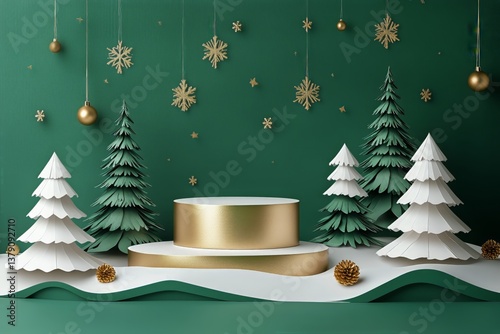Festive Miniature Christmas Trees With Golden Decorations on Green Background