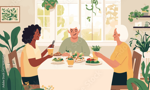 Seniors Sharing Healthy Eating Tips and Enjoying a Nutritious Meal Together in a Bright Setting