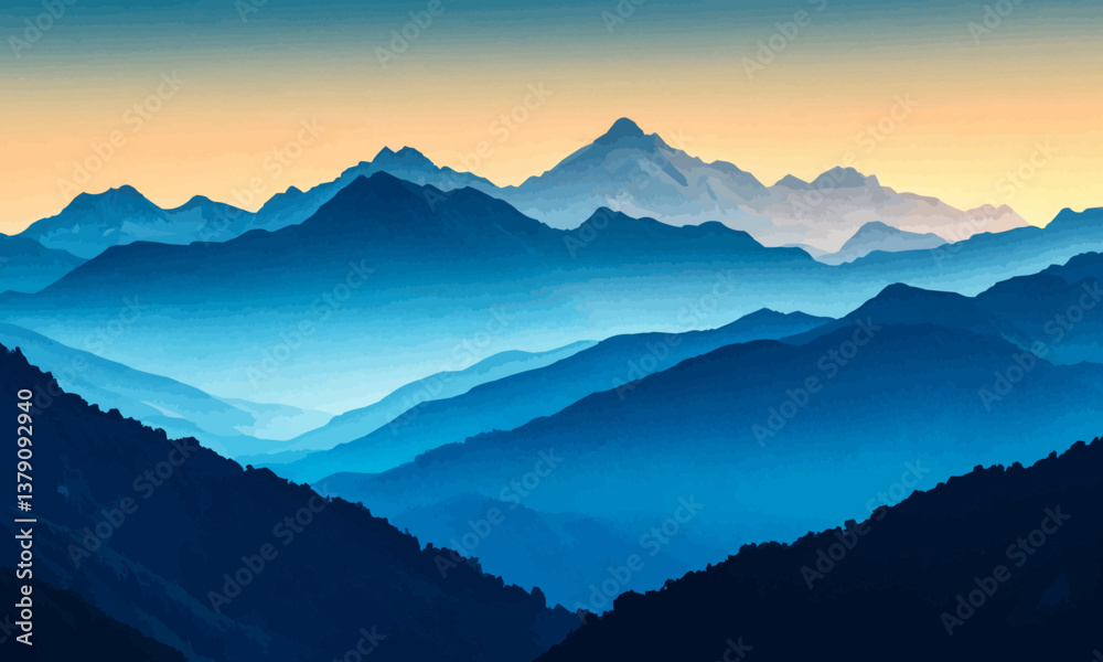 Obraz premium Majestic mountain range bathed in the golden glow of sunrise, deep blue skies and crisp air enhancing the scene, perfect for adventure or travel branding