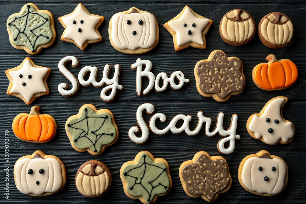 Obraz premium assorted halloween-themed cookies arranged on a dark wooden surface featuring a playful message that reads say boo scary