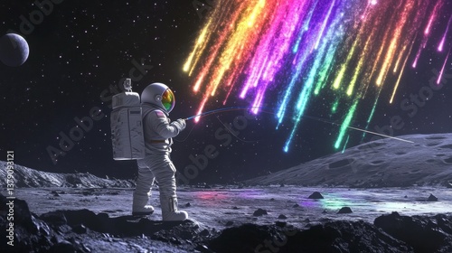 Astronaut Fishing for Rainbow Meteors on the Lunar Surface