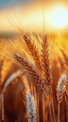Golden Wheat Stalks Illuminated by Sunset Glow in a Serene Agricultural Field