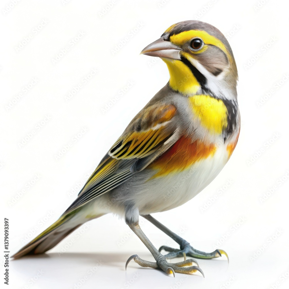 A closeup shot of a Dickcissel bird isolated on a white background, showcasing its vibrant feathers A closeup shot of a Dickcissel bird isolated on a white background, showcasing its vibrant feathers