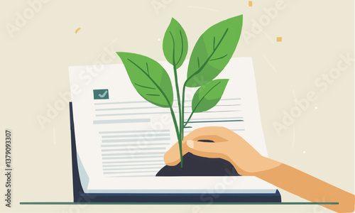 Sustainability in Business - Plant Growing from Business Document in Flat Art Style