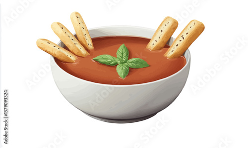 Warm bowl of tomato soup garnished with basil leaves and served with freshly baked breadsticks, soft natural light emphasizes its comforting and hearty appeal