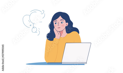 Young businesswoman thinking about something while sitting front open portable laptop computer reading email from client, long hours of work concept