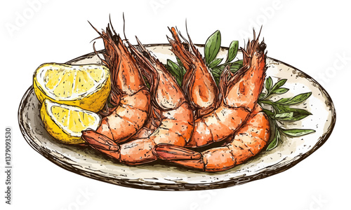 Juicy grilled shrimp garnished with fresh herbs and lemon slices, presented on a rustic plate with an appetizing culinary aesthetic.