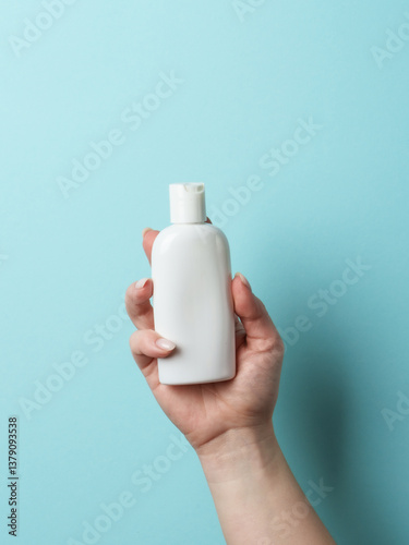 Obraz na płótnie Cosmetic bottle in woman hand on blue background. w salonie