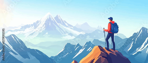 Tourist in mountain peak. Active life concept