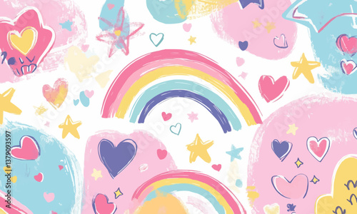 Whimsical hand-drawn rainbows, hearts, and stars in bold pastel tones on a playful doodle-filled background. .